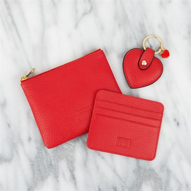 Kırmızı Deri Mini Çanta, Kartlık, Kalp Anahtarlık Hediye Seti