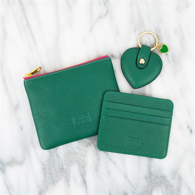 Zümrüt Yeşil Deri Mini Çanta, Kartlık, Kalp Anahtarlık Hediye Seti